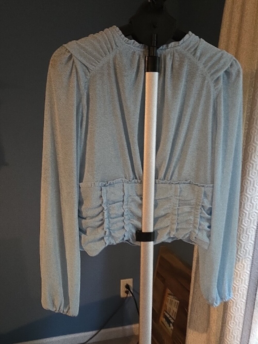 Anthropologie Powder Blue Button-Front Ruched Waist Blouse - Picture 3 of 3